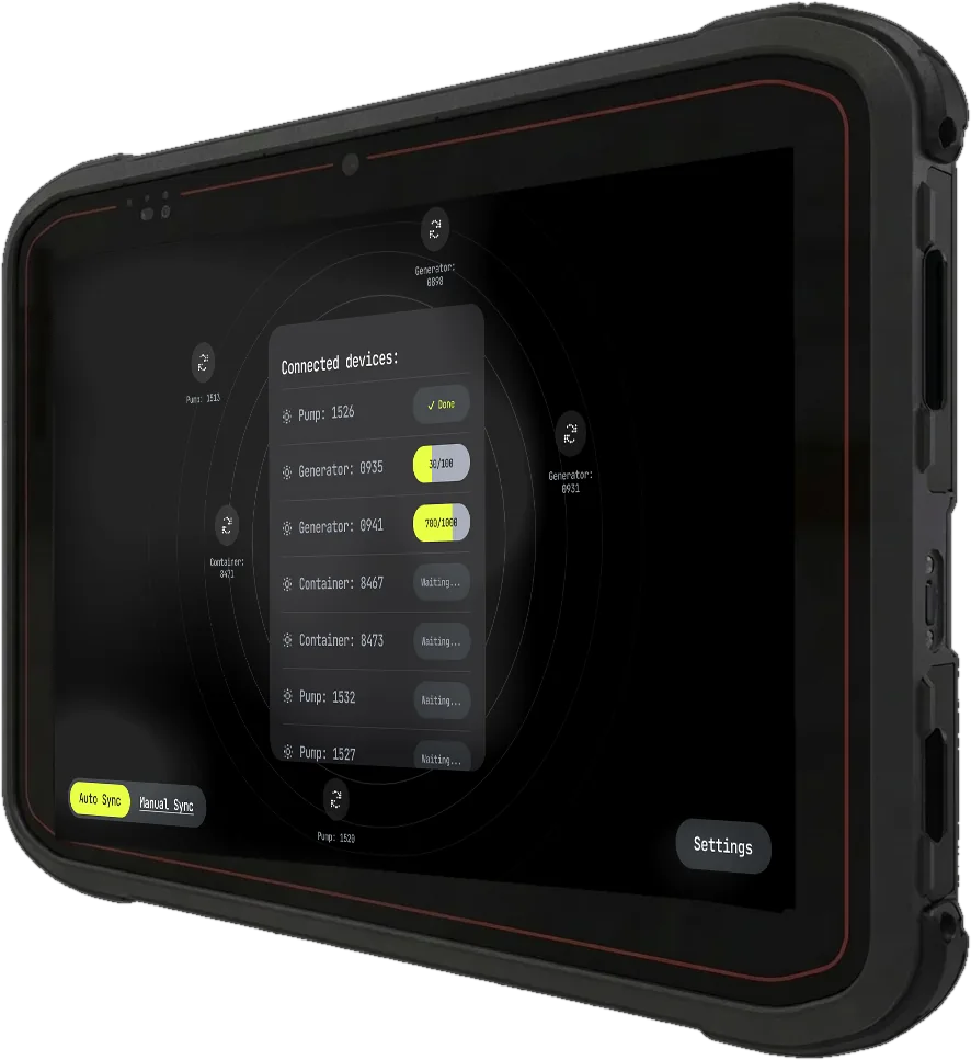 The Equipment Tracking Application running on a rugged Android tablet, showing the Connected devices sync list