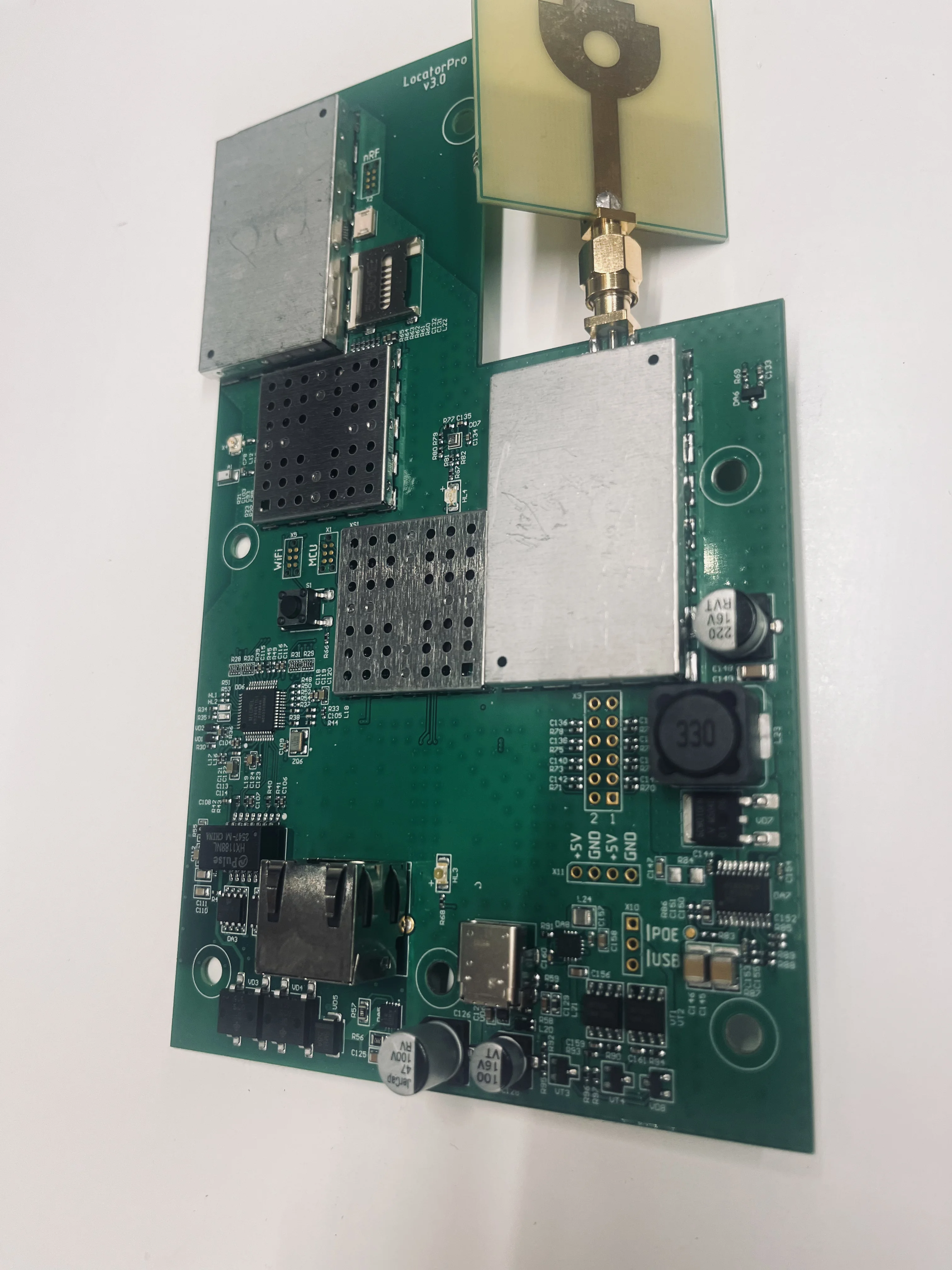 Locator Pro v3.0 main board with shielded RF sections and the UWB antenna