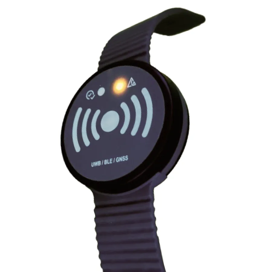 Wristband Pro front face with status indicators and UWB / BLE / GNSS marking